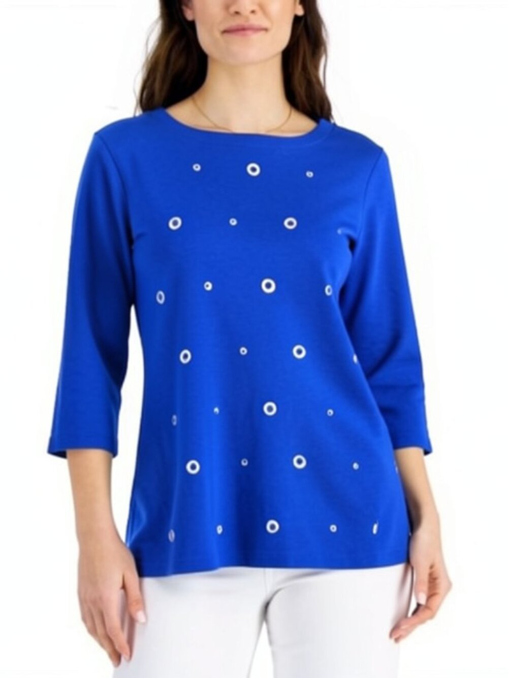 Karen Scott Womens Knit Top Blouse 3/4 Sleeves Metallic O-rings Trim Size L